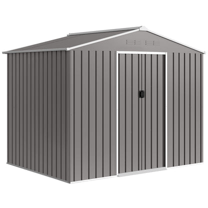 Large Galvanised Steel Garden Storage Shed | Double Sliding Door | 4 Ventilation Slots | Sloped Roof | 20kg/m² Snow Load | 236x171x191cm | Bikes Scooters Tools & Bins | Light Grey