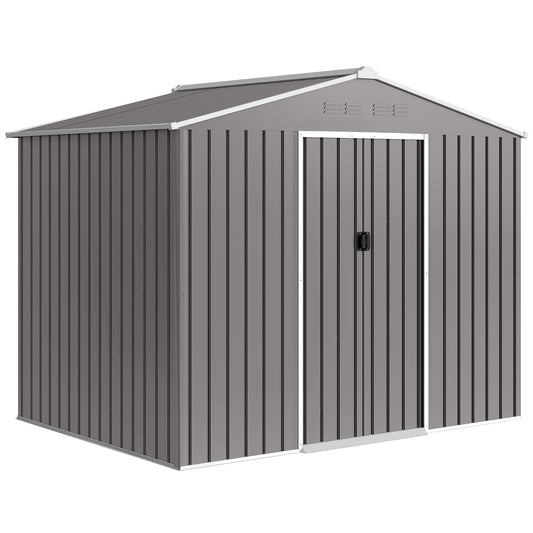 Large Galvanised Steel Garden Storage Shed | Double Sliding Door | 4 Ventilation Slots | Sloped Roof | 20kg/m² Snow Load | 236x171x191cm | Bikes Scooters Tools & Bins | Light Grey