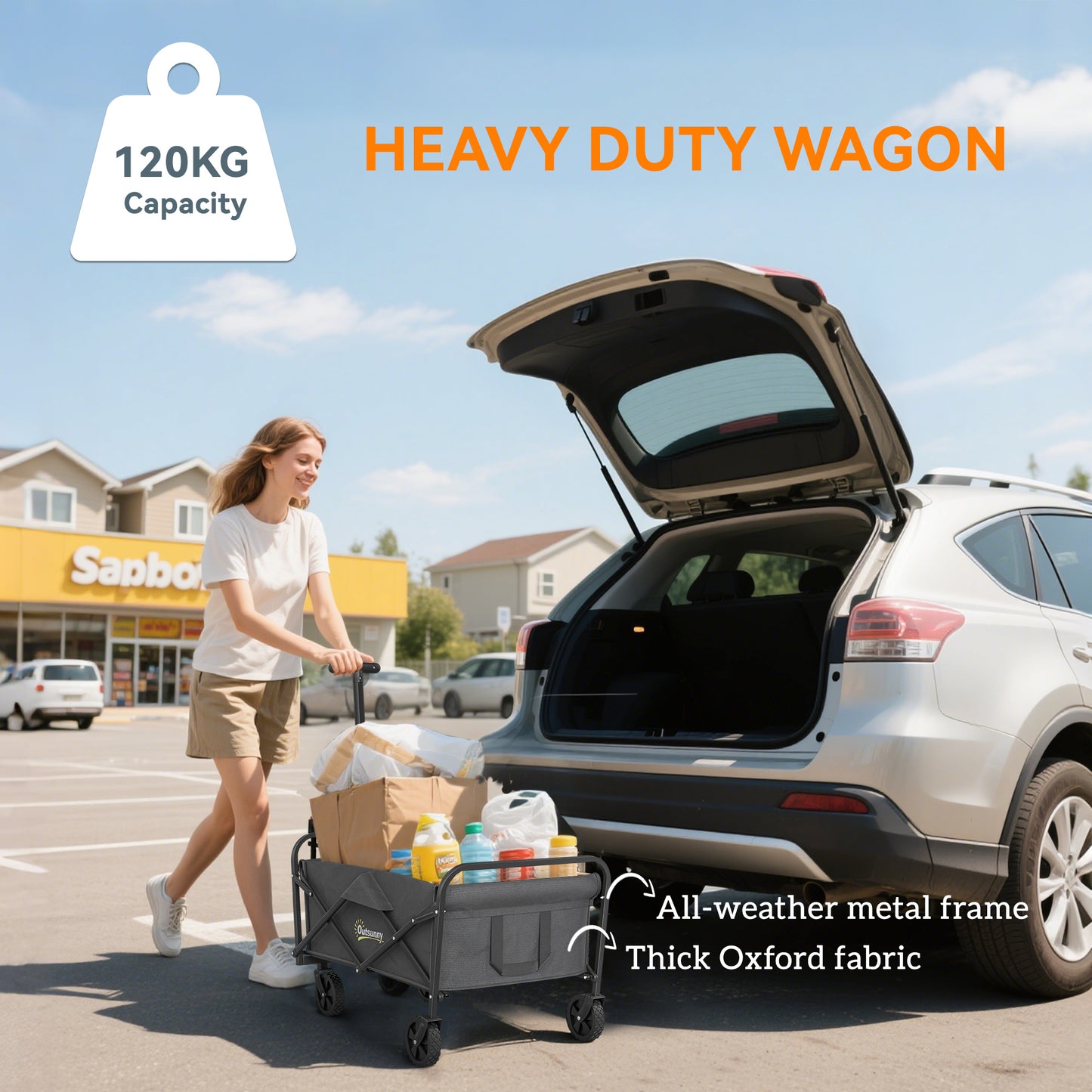 62L Festival Trolley on Wheels, Garden Folding Trolley Cart, 120kg Heavy Duty Collapsible Folding Wagon W/ Adjustable Handle and Carrying Bag for Beach, Camping, Festival
