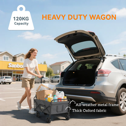 62L Festival Trolley on Wheels, Garden Folding Trolley Cart, 120kg Heavy Duty Collapsible Folding Wagon W/ Adjustable Handle and Carrying Bag for Beach, Camping, Festival