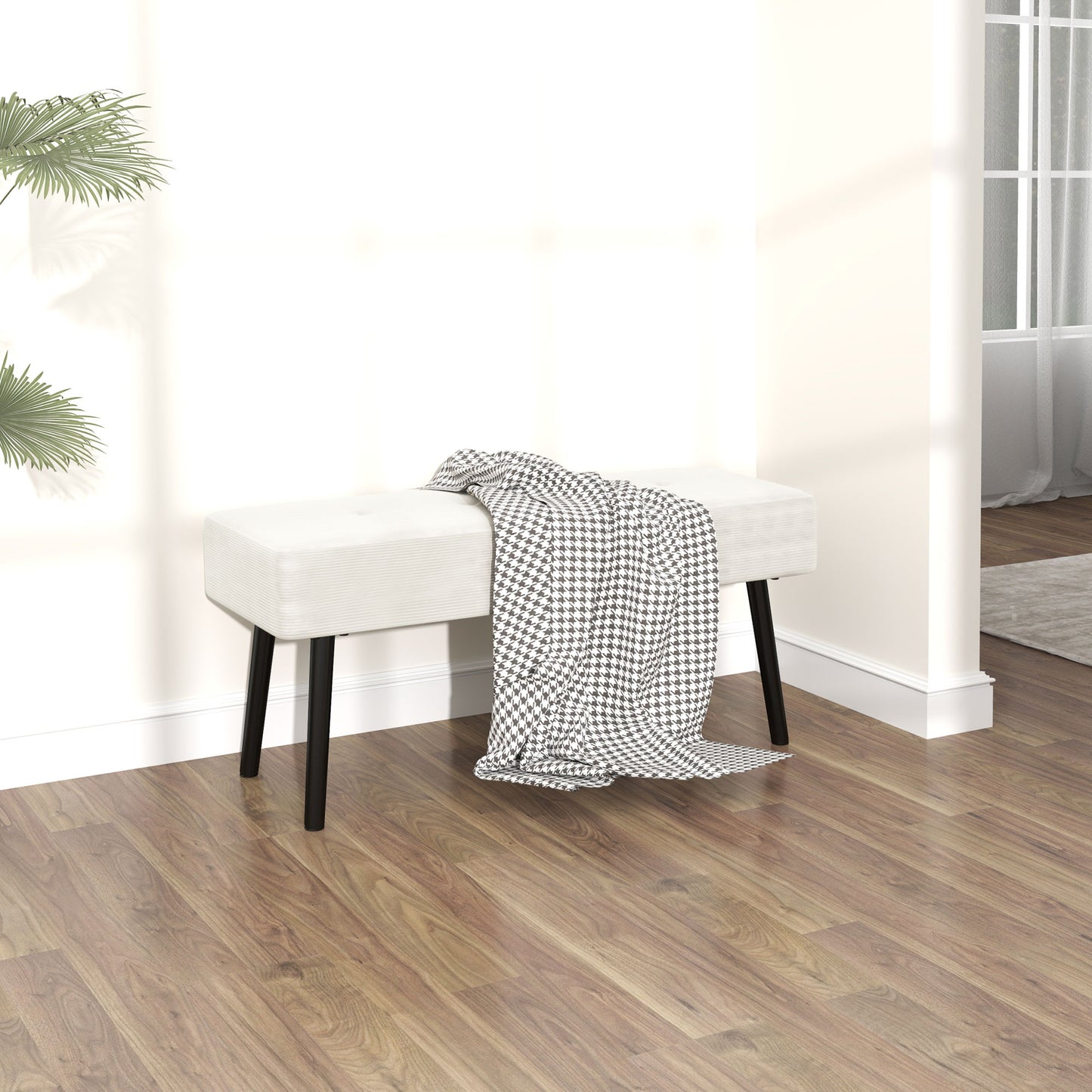 End of Bed Bench, Corduroy Bedroom Bench with Thick Padding and Steel Legs, Tufted Window Seat for Entryway, Living Room, Cream White