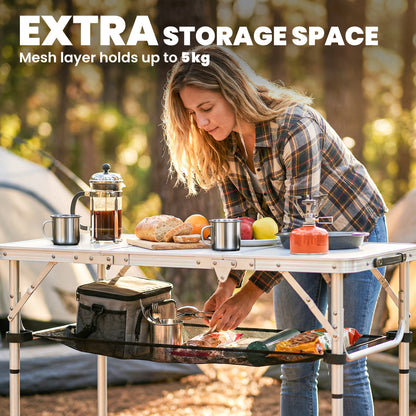 3ft Folding Camping Picnic Table | Tri-Fold | 90x40cm | Water Repellent MDF Top | Mesh Storage Layer | Carry Bag | 35kg | Cream White