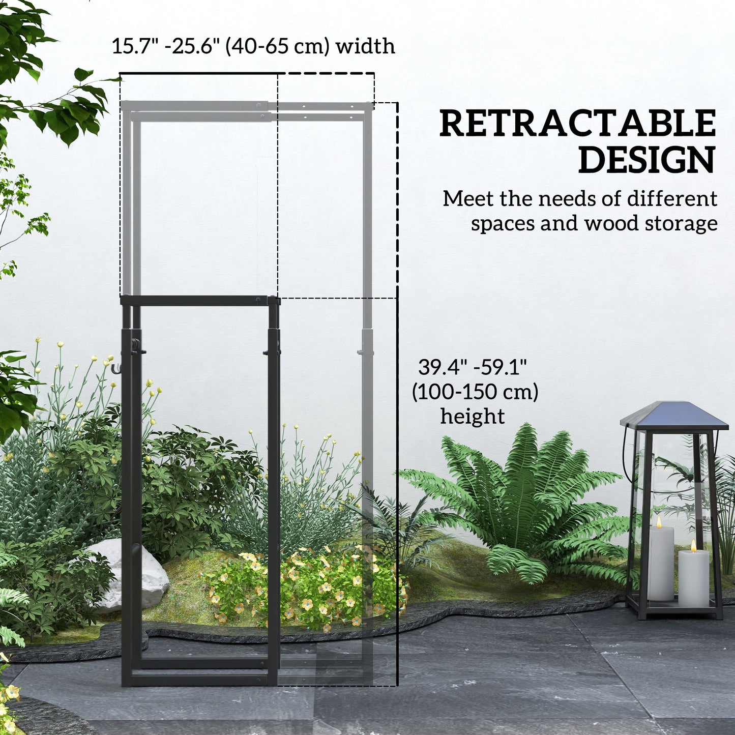 Outsunny Firewood Log Rack, Retractable Metal Wood Store Holder, Indoor Outdoor Fireplace Log Storage Shelf with Hooks, 65 x 25 x 150 cm, Black