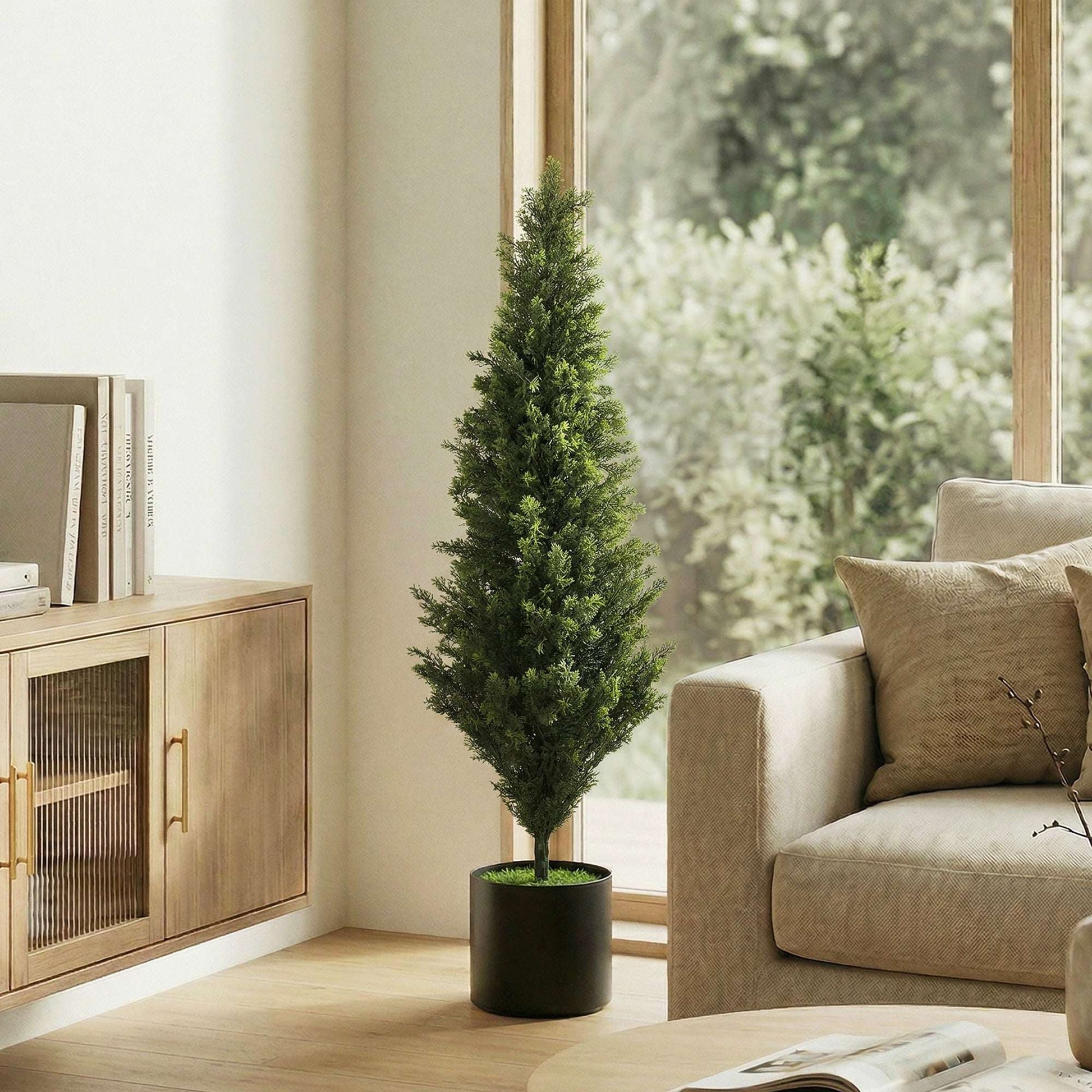 Set of 2 Artificial Cypress Trees | 120cm | 1092 PE Leaves | Shapeable Branches | Cement Base | No Maintenance | Green