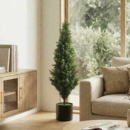 Set of 2 Artificial Cypress Trees | 120cm | 1092 PE Leaves | Shapeable Branches | Cement Base | No Maintenance | Green
