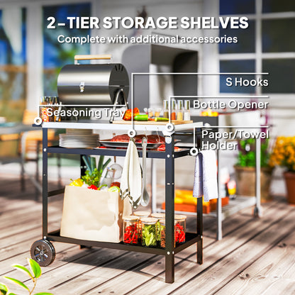 BBQ Trolley with Stainless Steel Top Adjustable Shelf, Outdoor Kitchen BBQ Station with Hooks Seasoning Tray Towel Rack, Pizza Oven Table