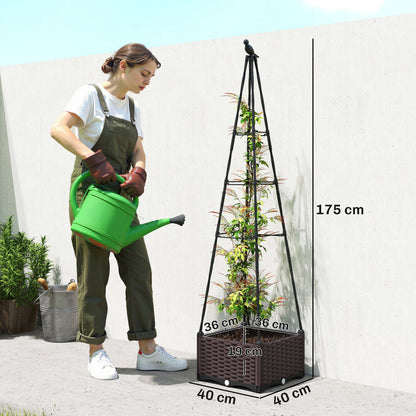 Rattan-Look PP Raised Planter with Tall Trellis | Self-Watering Reservoir | 24.6L | Drainage Holes & Plugs | Tool-Free Assembly | 40x40x175cm | Tomatoes Herbs & Climbers | Black
