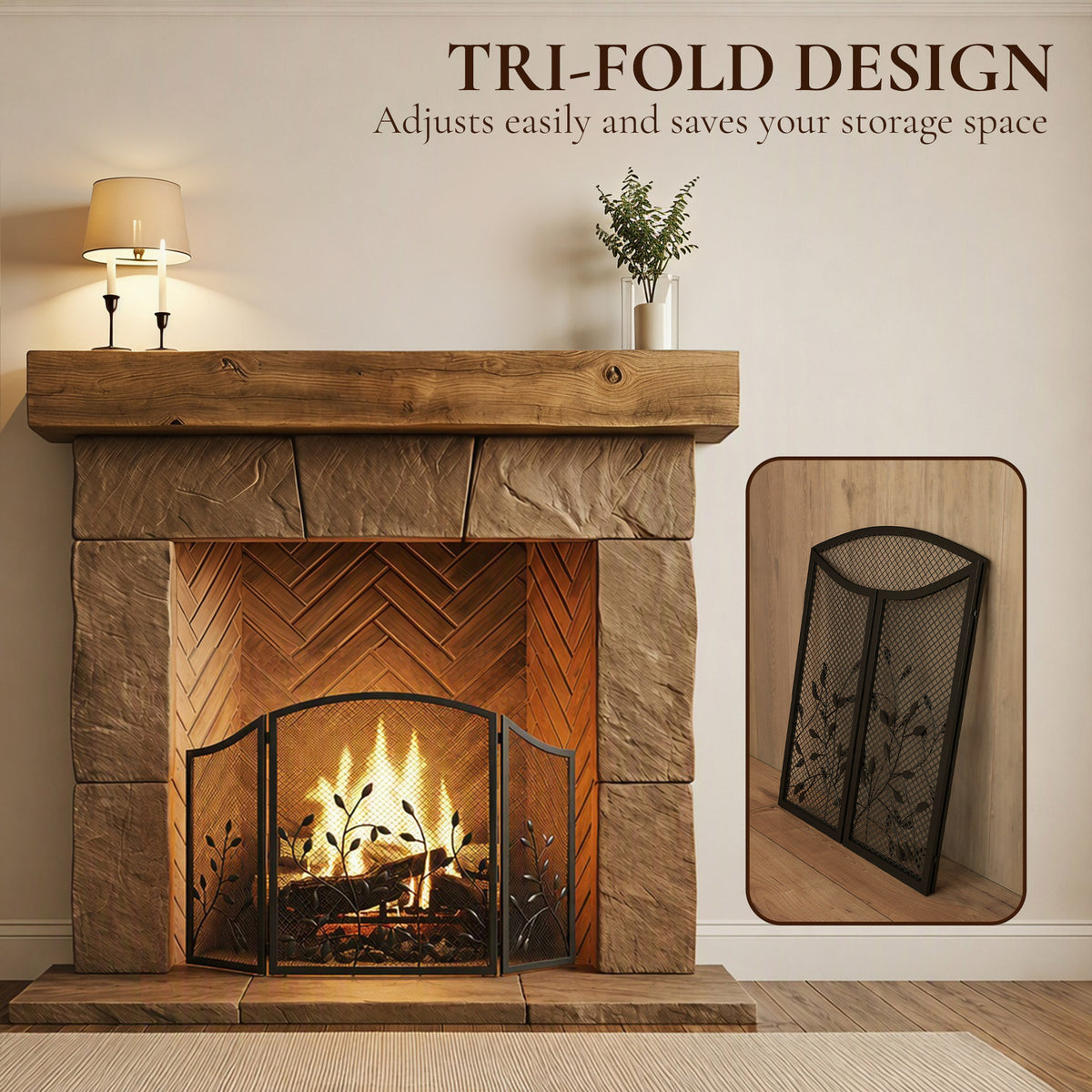 3-Panel Folding Fireplace Screen | Powder-Coated Metal | Spark Guard | 122x75cm Open | Folds to 61cm | Adjustable Layout | No Assembly | Black