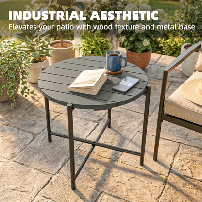 Industrial Garden Side Table | Slatted Fir Wood Top | Metal Frame | 54x54x45.5cm | 25kg | Dark Grey