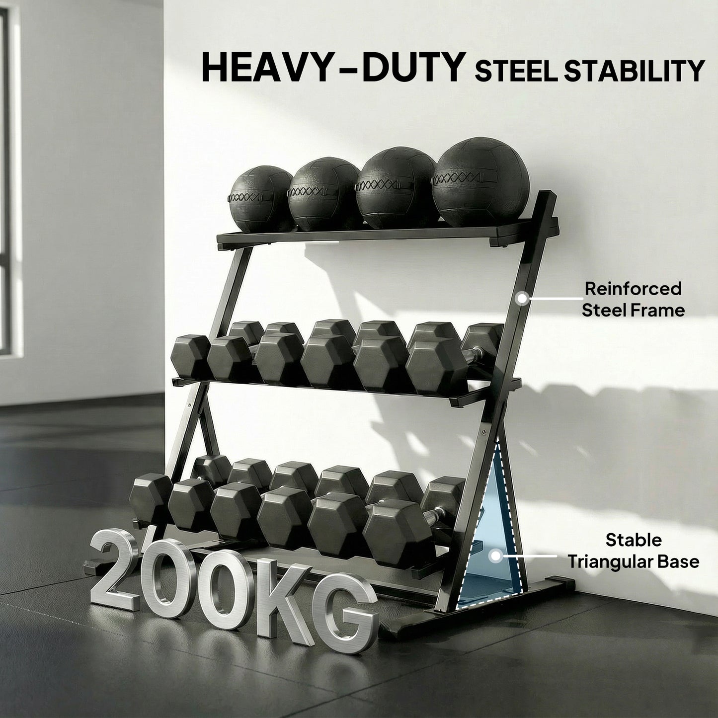 SPORTNOW 3-Tier Adjustable Dumbbell Rack, Heavy-Duty Weight Rack for Dumbbells, Kettlebells and Multiple Balls, Space-Saving Weight Storage Stand for Home Gym, 200 KG Capacity