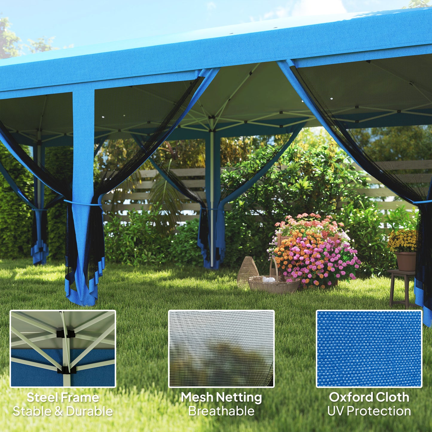 Outsunny 3 x 6m Pop Up Gazebo, Outdoor Canopy Shelter, Marquee Party Wedding Tent with 6 Mesh Walls and Carry Bag, Blue / Black