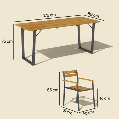 7 Piece Garden Dining Set, Fir Wood Garden Furniture Set with Rectangle Table and 6 Stackable Chairs, Umbrella Hole, Slatted Top - Brown