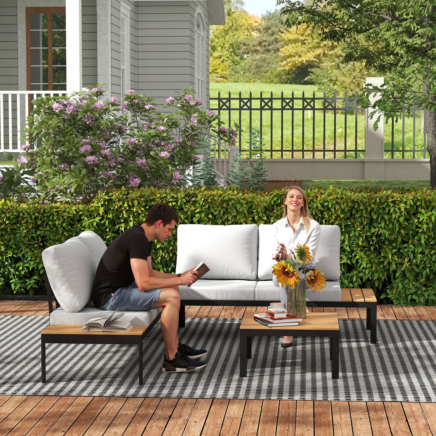 Outsunny Four-Piece Garden Corner Sofa Set with 2 Loveseats and 2 Coffee Tables - Teak