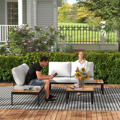 Outsunny Four-Piece Garden Corner Sofa Set with 2 Loveseats and 2 Coffee Tables - Teak