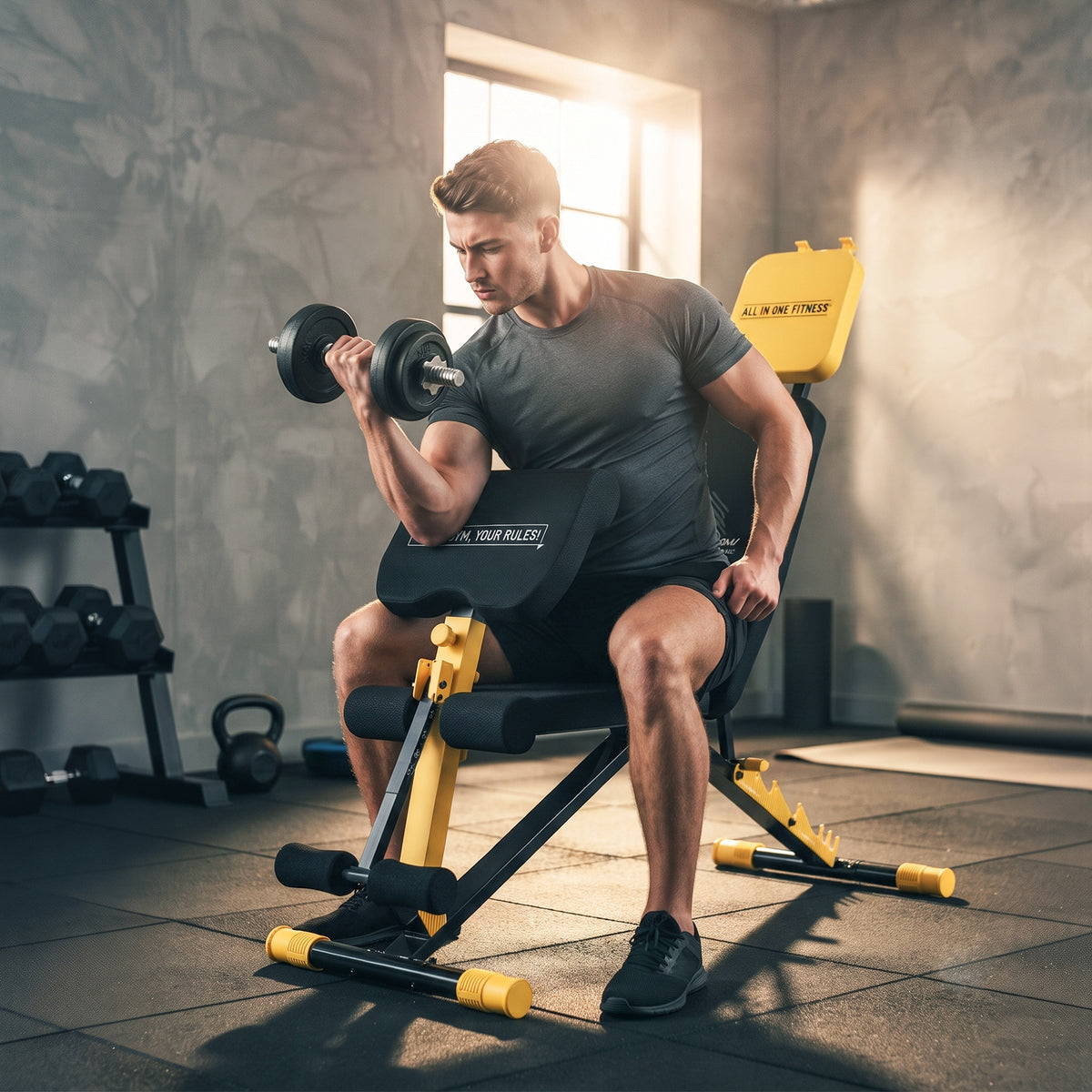 Adjustable Weight Bench | 300kg Capacity | 7 Backrest Positions | Preacher Curl | Leg Extension | Foldable | Home Gym | Yellow