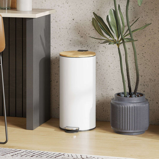 30L Kitchen Pedal Bin | Soft-Close Bamboo Lid | Removable Inner Bucket | Lid Stay-Open | Fingerprint-Proof | Metal & PP | Fully Assembled | 36x30x60.5cm | White & Natural