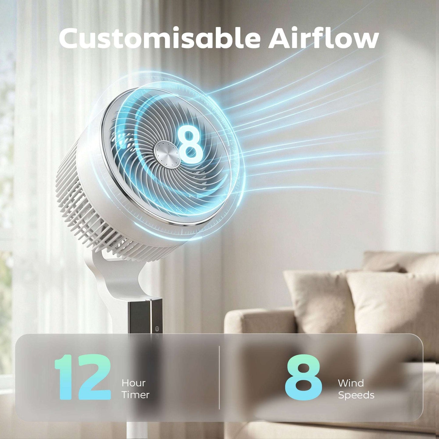 Pedestal Standing Fan | 20dB Sleep Mode | 8 Speeds | 17.1m³/min Airflow | 85° Oscillation | Aromatherapy Pad | Detachable Grill | 5m Remote | 12H Timer | 60W | 115cm | White