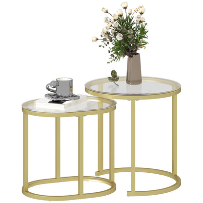 Modern Coffee Table Set of 2, Nest of Tables with Steel Frame and Tempered Glass Tabletop, Side Tables for Living Room Bedroom, Clear