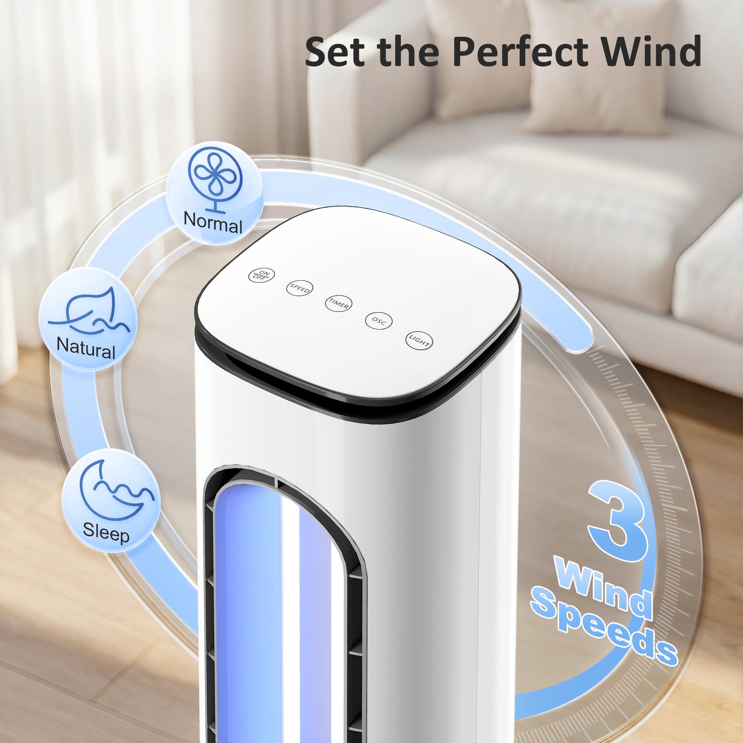 Bladeless Tower Fan | 35dB Sleep Mode | 50° Oscillation | 3-Colour LED | 15hr Timer | Remote | White