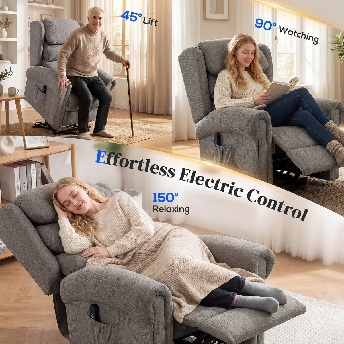 Electric Riser Recliner Chair with Power Lift | Remote Control & USB Port | 150° Recline | Pocket Springs | Velvet-Touch Fabric | 2 Side Pockets | 135kg Capacity | 92W x 95D cm Seated | Dark Grey