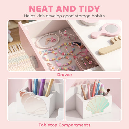Kids Vanity Set | Dressing Table & Chair | Lighted Acrylic Mirror | 7 Accessories | 2 Storage Compartments | Ages 3–8 | Pink