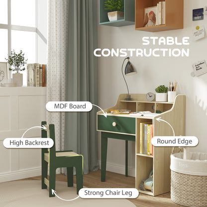 AIYAPLAY Kids Desk and Chair Set with Storage Shelves and Drawer, Green