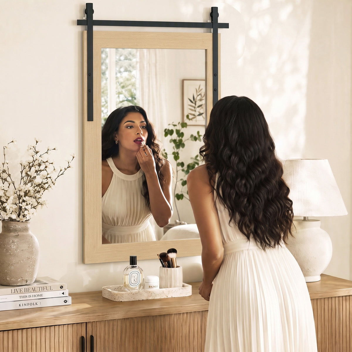Farmhouse Wall Mirror | 110H x 66W cm Rectangle | Decorative Barn-Door Detail & Tempered Glass | White Oak or Dark Brown