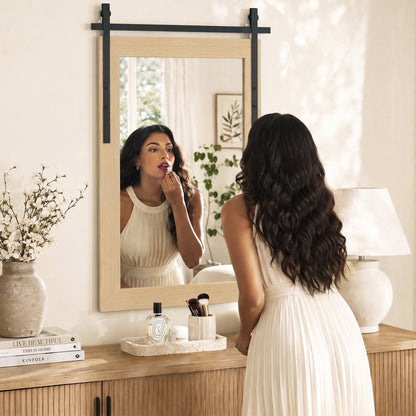 Farmhouse Wall Mirror | 110H x 66W cm Rectangle | Decorative Barn-Door Detail & Tempered Glass | White Oak or Dark Brown