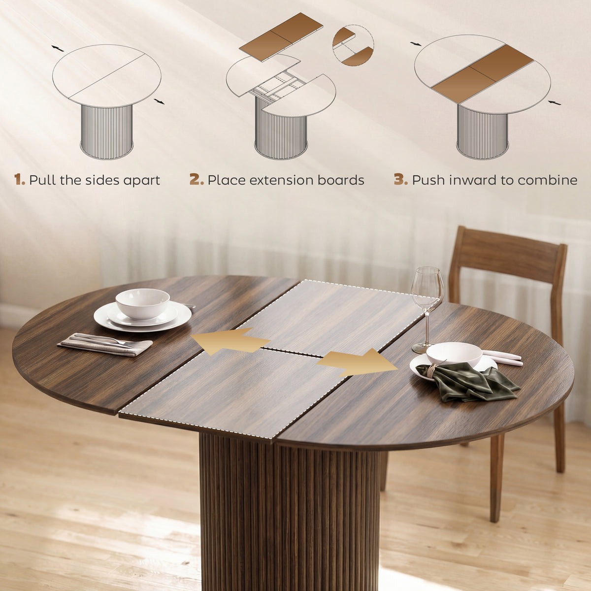 Extendable Dining Table | 110–150cm Round to Oval | Dark Walnut-Effect Finish & Fluted Pedestal Base | Hidden Extension Leaf Storage | Seats up to 6–8