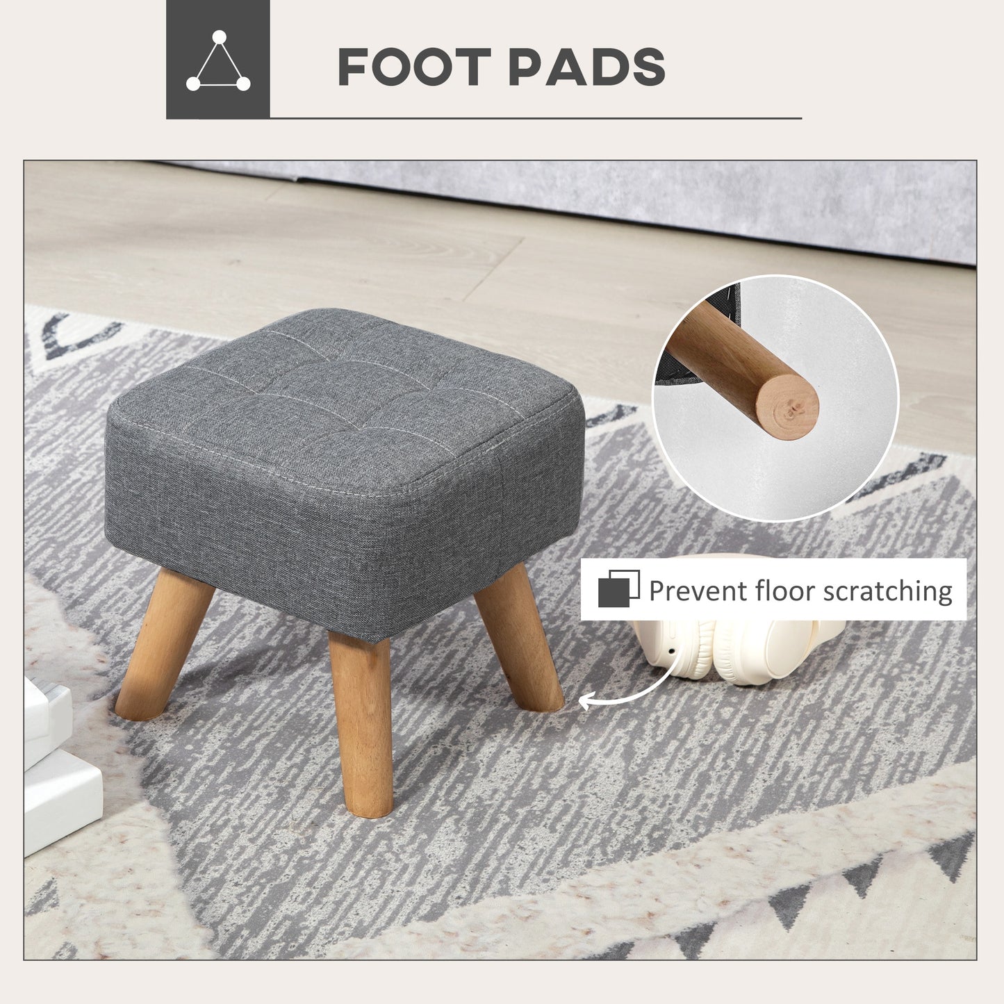 Modern Tufted Footstool, Fabric Foot Stool with Rubber Wood Legs, Padded Seat, for Living Room, Bedroom, Entryway