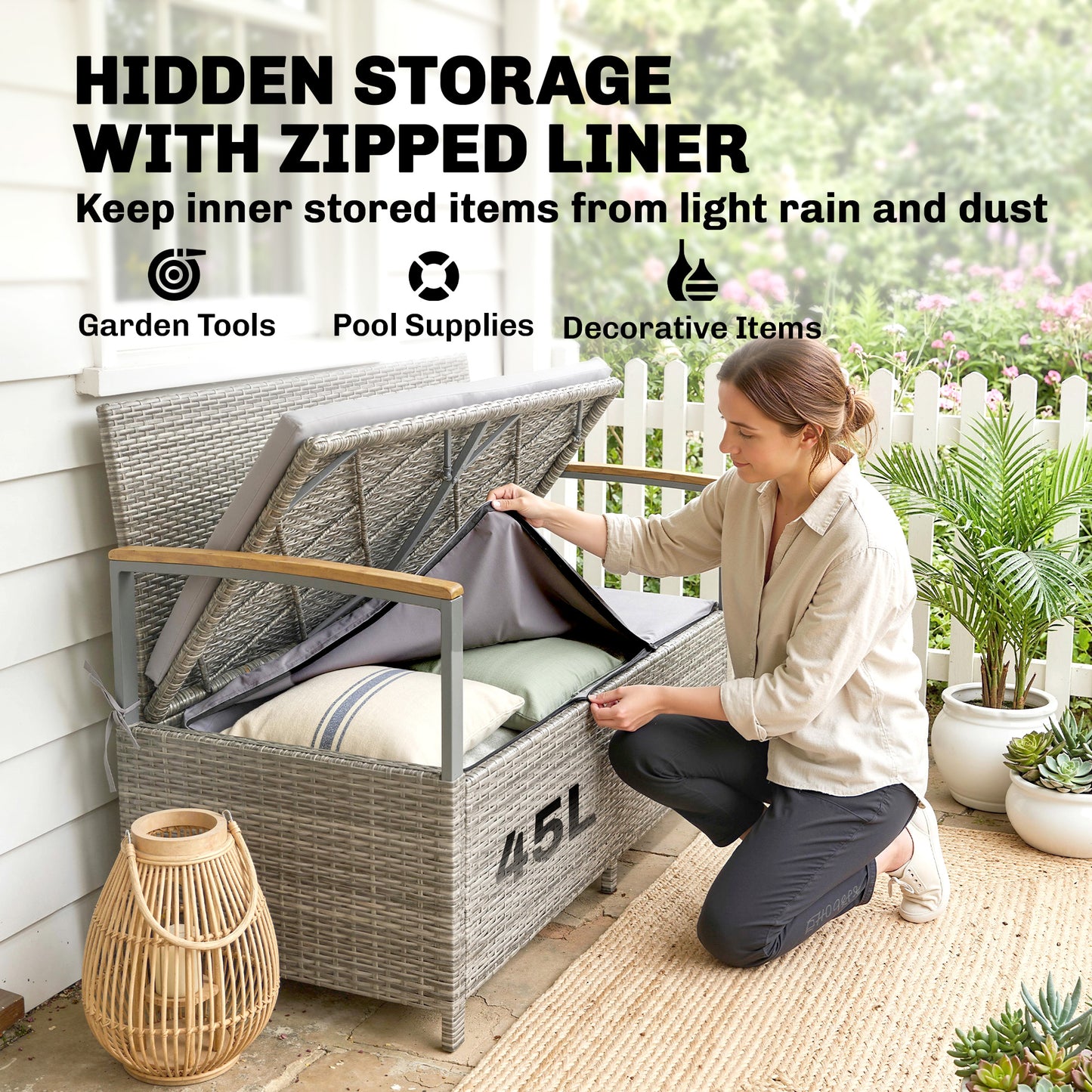 2-Seater Rattan Garden Storage Bench | 144L Hidden Storage | Gas Strut Lid | Zipped Liner | Acacia Wood Armrests | Washable Cushion | 300kg Capacity | 120 x 60 x 84cm | Light Grey