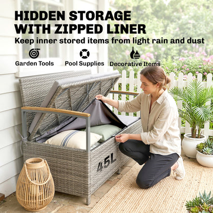 2-Seater Rattan Garden Storage Bench | 144L Hidden Storage | Gas Strut Lid | Zipped Liner | Acacia Wood Armrests | Washable Cushion | 300kg Capacity | 120 x 60 x 84cm | Light Grey