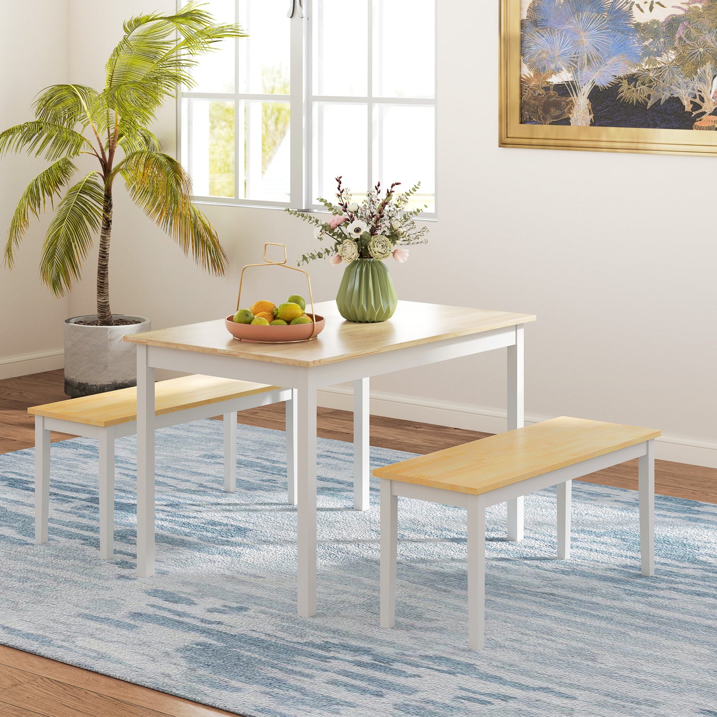Dining Table and Bench Set, Farmhouse Kitchen Table and Bench with Wooden Frame for Living Room, Dining Room, Natural and White