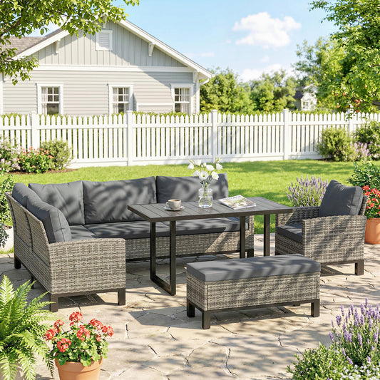 9-Seater Rattan Corner Sofa & Dining Set | Ottoman | Faux Wood Table | Washable Cushions | Dark Grey