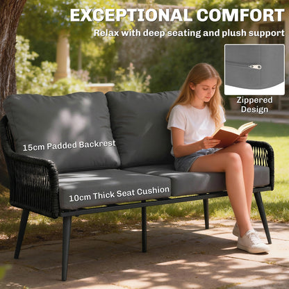4 Piece Rattan Garden Furniture Set | Loveseat | 2 Chairs | Coffee Table | Tempered Glass | All-Weather PE Rattan | Galvanised Steel | Water-Repellent Cushions | 240kg | Black