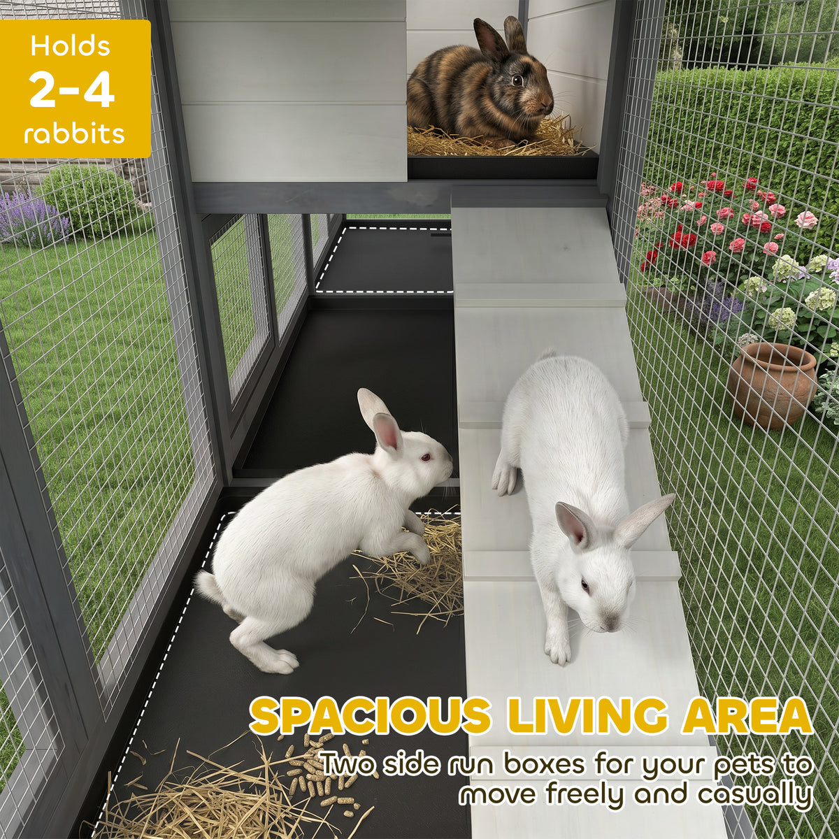 2-Tier Large Rabbit Hutch | Outdoor | Double Side Run Boxes | No-Leak Tray | Ramp | 230cm | Light Grey