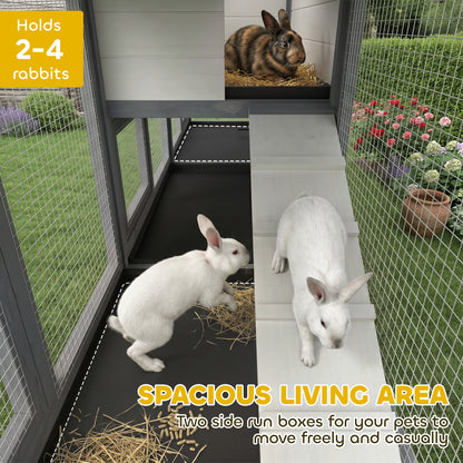 2-Tier Large Rabbit Hutch | Outdoor | Double Side Run Boxes | No-Leak Tray | Ramp | 230cm | Light Grey
