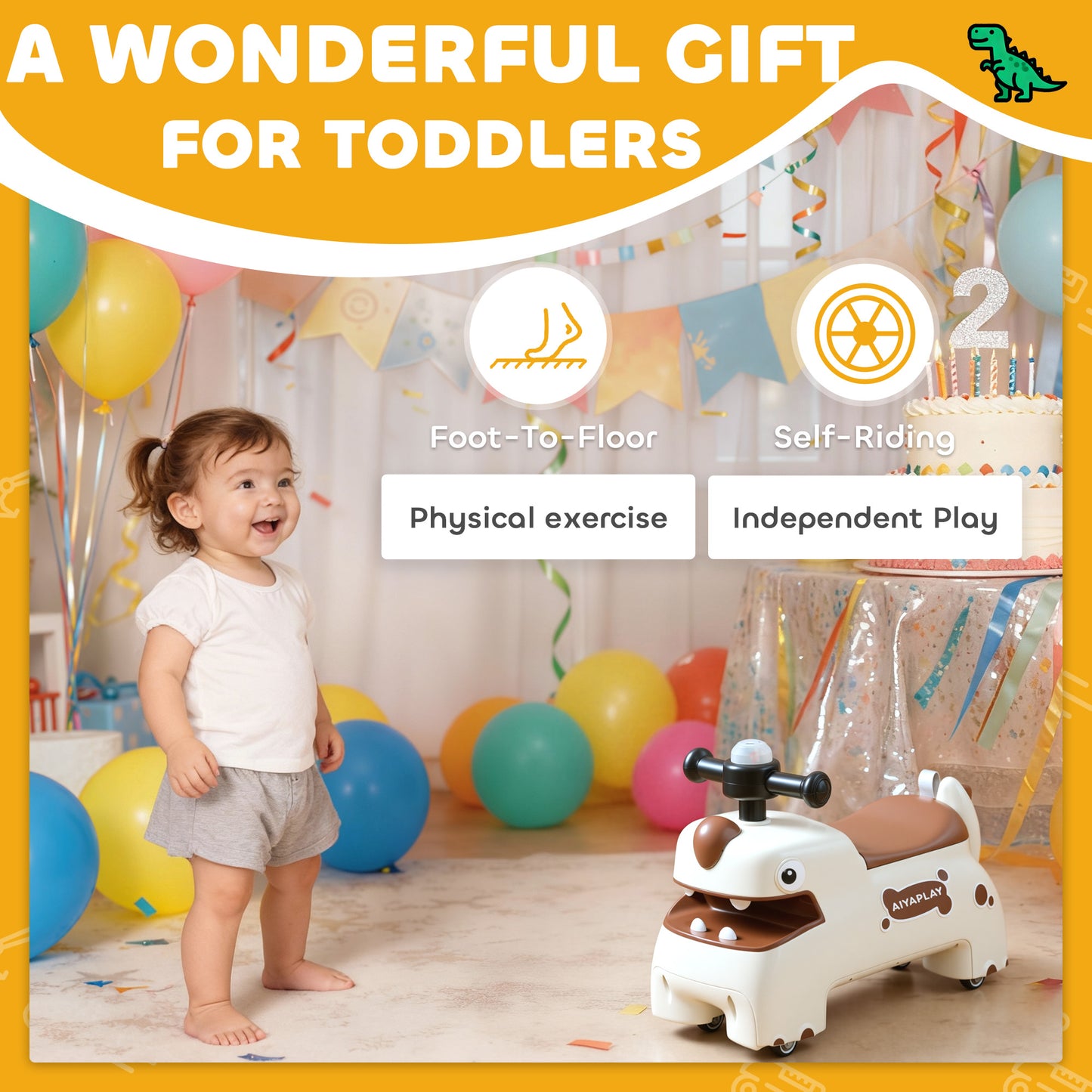 AIYAPLAY Kids Ride On Car, Dinosaur Foot to Floor Slider with Storage, Toddler Walker with Light, Sounds, Cream