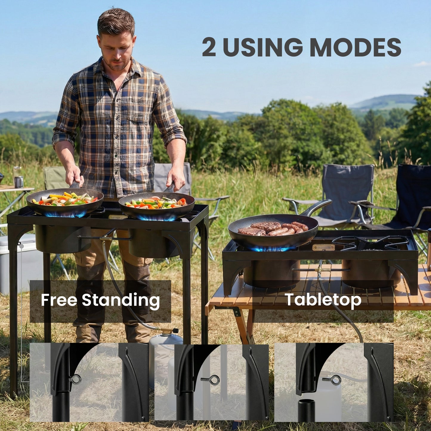 Outsunny Double Burner Camping Stove – 150,000 BTU High-Pressure Propane Gas Stove, Detachable Legs, Individual Heat Control, Regulator & Hose Included – Black
