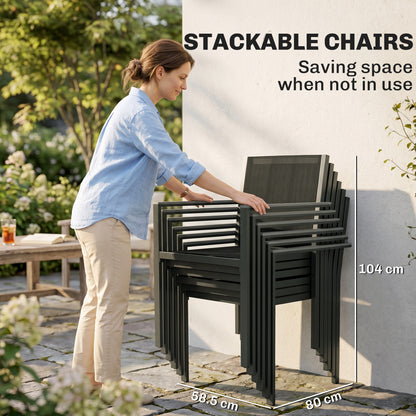 7-Piece Garden Dining Set | Slatted Acacia Wood Table | 6 Stackable Texteline Chairs | Wide Armrests | Powder-Coated Steel | Adjustable Foot Pads | 160kg Chair Capacity | 150x90x75cm | Grey