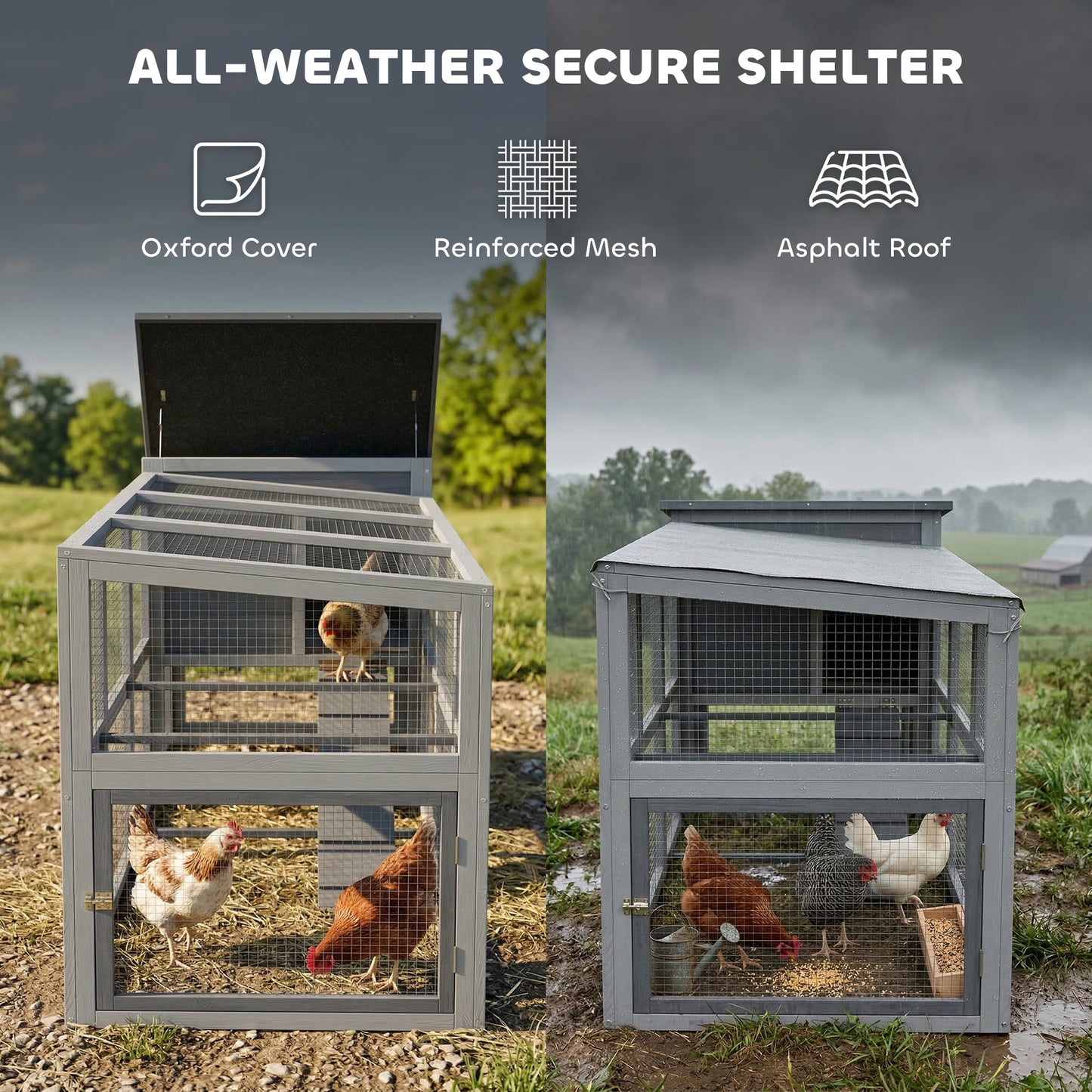 Large Chicken Coop & Hen House | 3-4 Chickens | Covered Run | Nesting Box | Pull-Out Tray | Asphalt Roof | Oxford Cover | 264cm | Grey