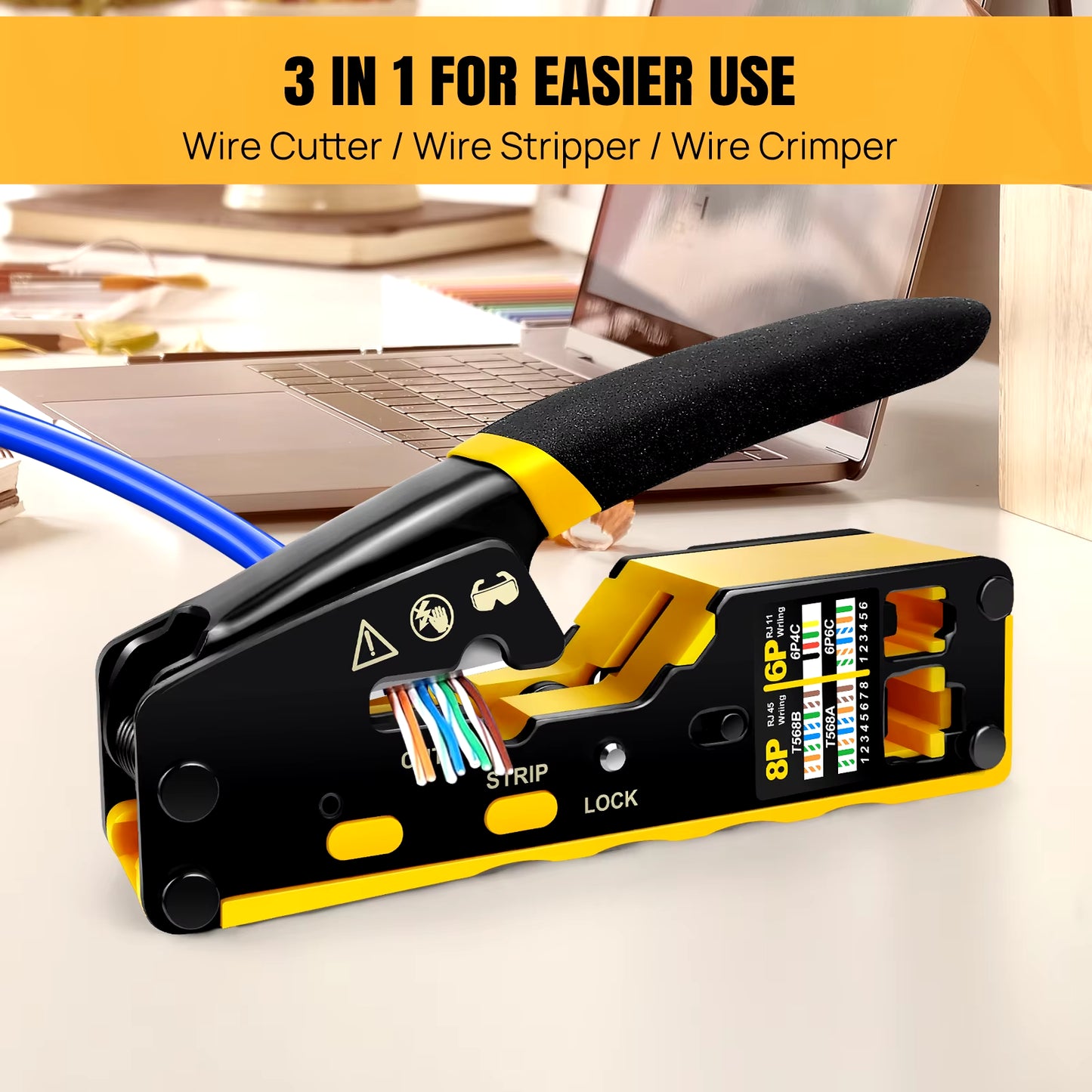 Pass through RJ45 Crimp Tool Kit Ethernet Crimper CAT5 Cat 5E Cat 6 Crimping Tool Kit 3 in 1 - Crimp Cutting Peeling