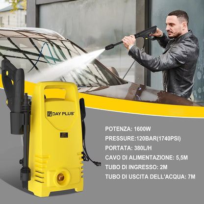 Electric High Pressure Washer 1600W, 120Bar, 380L/H Adjustable Lance from 0 to 180°,7M Flexible Hose, For Terraces, Gardens, Cars