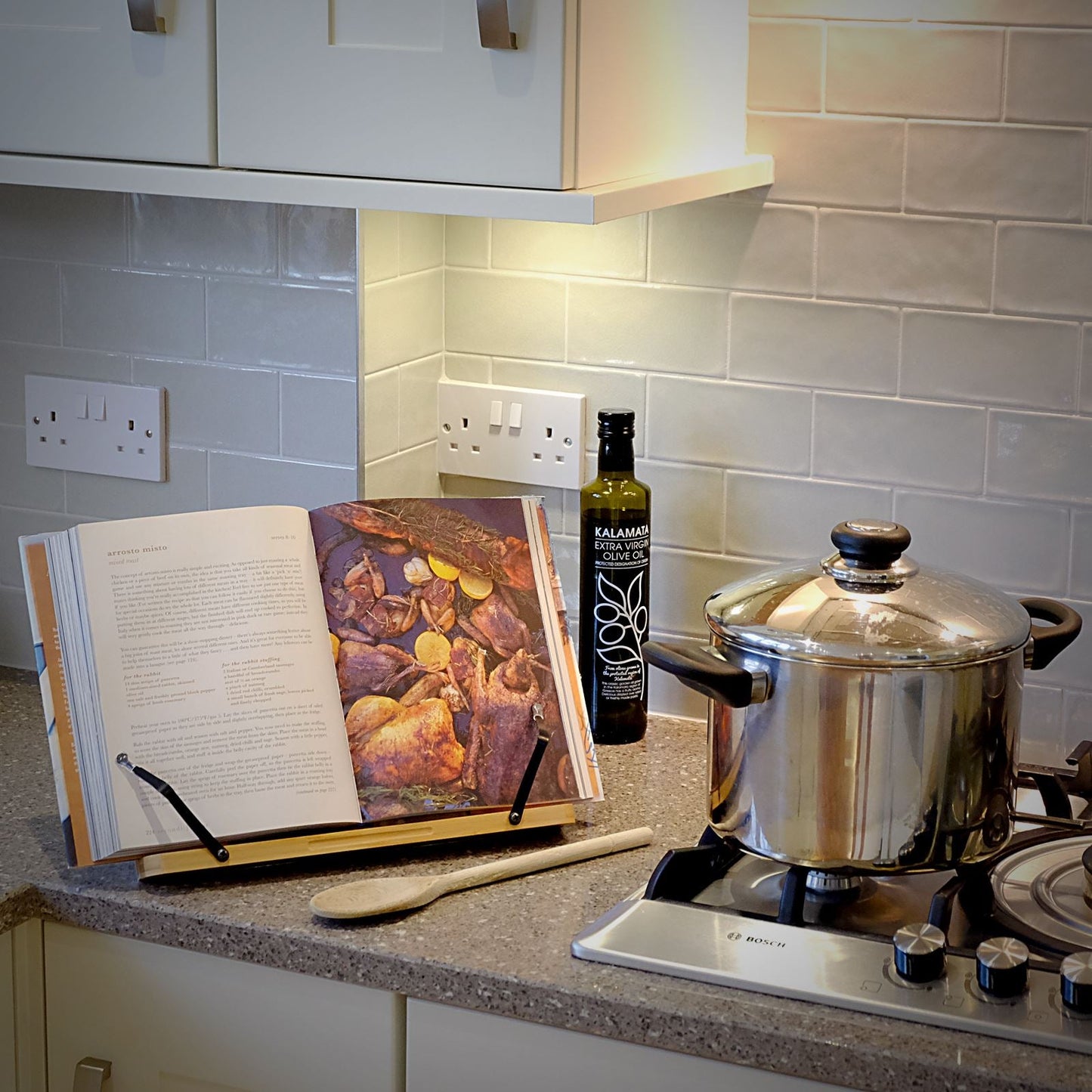 Bamboo Recipe Book Stand | Adjustable & Foldable | 2 Metal Page Holders | Tablet Rest | Water-Resistant | 33.5x24x4.4cm | 2-Year Warranty