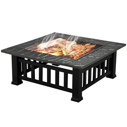 Outdoor Fire Pit - Metal Brazier Square Table Firepit Garden Patio Heater/BBQ/Ice Pit with Waterproof Cover 3 In 1