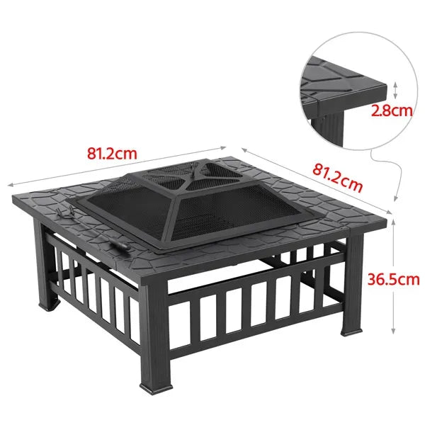 Outdoor Fire Pit - Metal Brazier Square Table Firepit Garden Patio Heater/BBQ/Ice Pit with Waterproof Cover 3 In 1