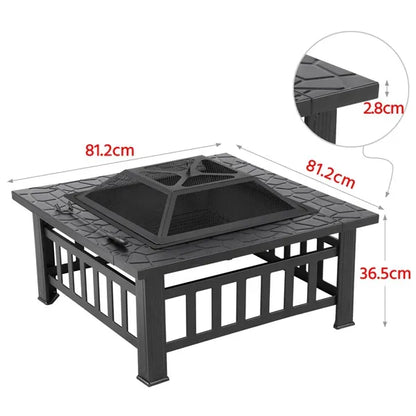 Outdoor Fire Pit - Metal Brazier Square Table Firepit Garden Patio Heater/BBQ/Ice Pit with Waterproof Cover 3 In 1
