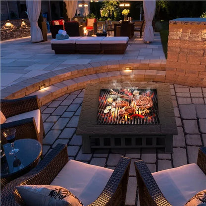 Outdoor Fire Pit - Metal Brazier Square Table Firepit Garden Patio Heater/BBQ/Ice Pit with Waterproof Cover 3 In 1