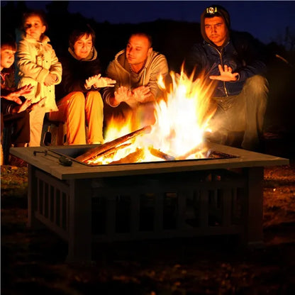 Outdoor Fire Pit - Metal Brazier Square Table Firepit Garden Patio Heater/BBQ/Ice Pit with Waterproof Cover 3 In 1
