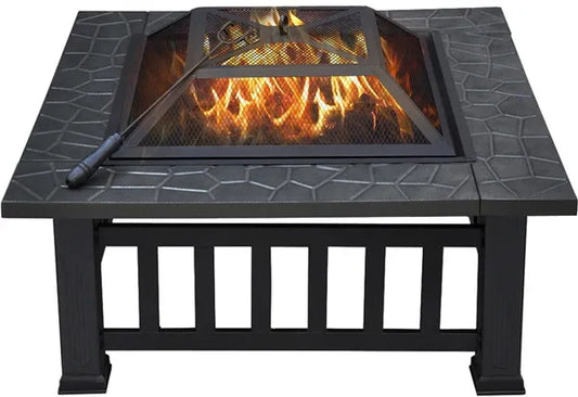 Outdoor Fire Pit - Metal Brazier Square Table Firepit Garden Patio Heater/BBQ/Ice Pit with Waterproof Cover 3 In 1
